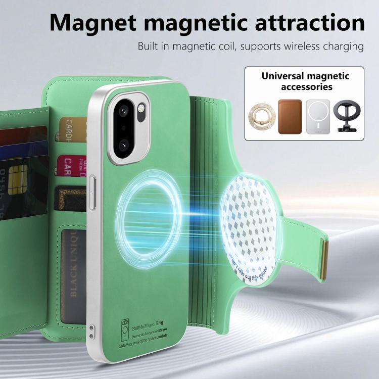 For OnePlus Ace 6 5G / 6T Precision Hole Silver-Edged Ring RFID Blocking Zipper Wallet Magnetic Vegan Leather Phone Case