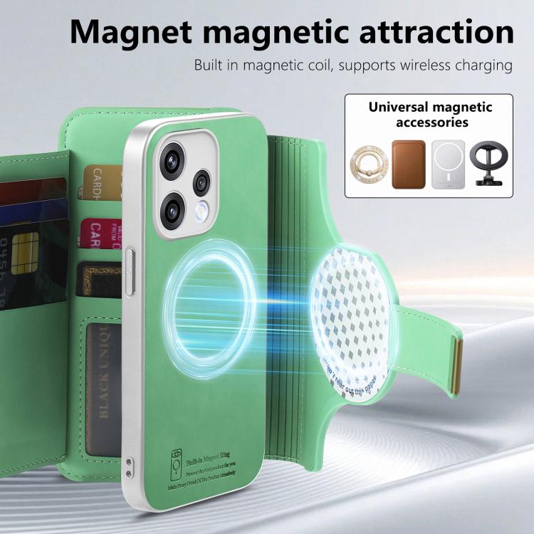For OPPO Reno15 Global / 15 C 5G Precision Hole Silver-Edged Ring RFID Blocking Zipper Wallet Magnetic Vegan Leather Phone Case