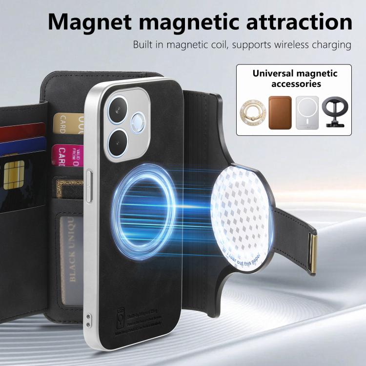 For OPPO A5 Pro 5G Global Precision Hole Silver-Edged Ring RFID Blocking Zipper Wallet Magnetic Vegan Leather Phone Case