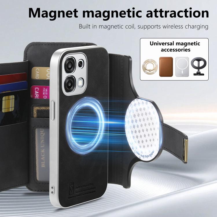 For OPPO A6 5G Global Precision Hole Silver-Edged Ring RFID Blocking Zipper Wallet Magnetic Vegan Leather Phone Case