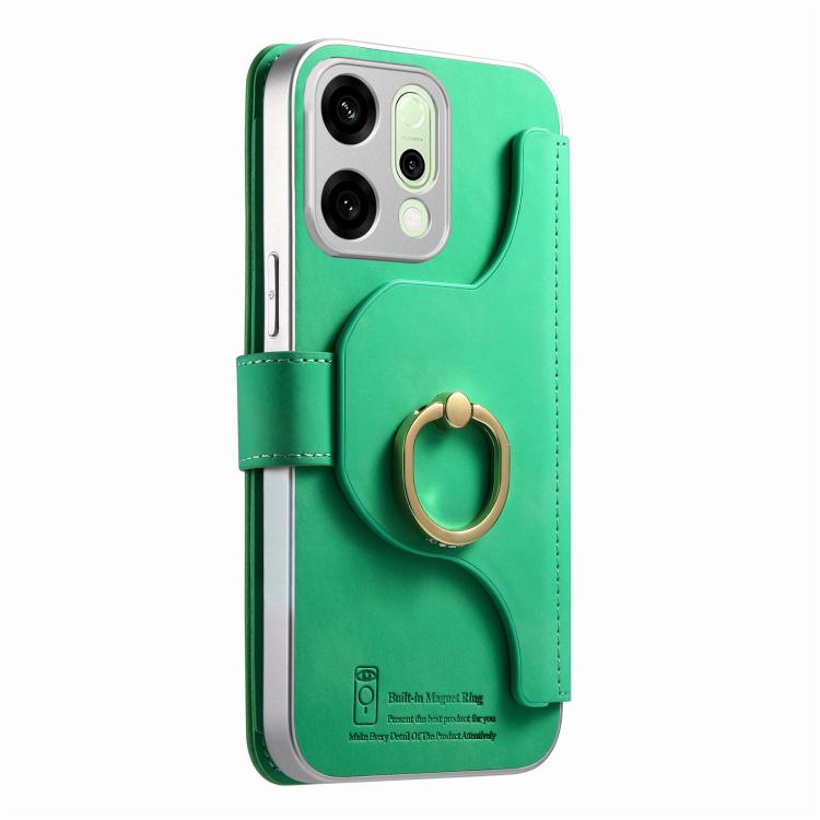 For OPPO Reno14 Pro Global Precision Hole Silver-Edged Ring RFID Blocking Zipper Wallet Magnetic Vegan Leather Phone Case