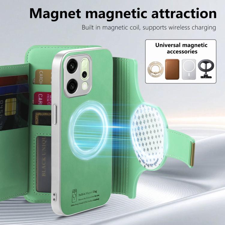 For OPPO Reno14 Pro Global Precision Hole Silver-Edged Ring RFID Blocking Zipper Wallet Magnetic Vegan Leather Phone Case