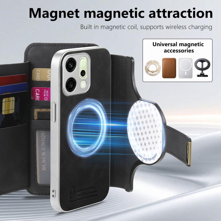 For OPPO Reno14 Global Precision Hole Silver-Edged Ring RFID Blocking Zipper Wallet Magnetic Vegan Leather Phone Case