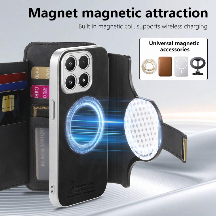 For Xiaomi 17 Precision Hole Silver-Edged Ring RFID Blocking Zipper Wallet Magnetic Vegan Leather Phone Case
