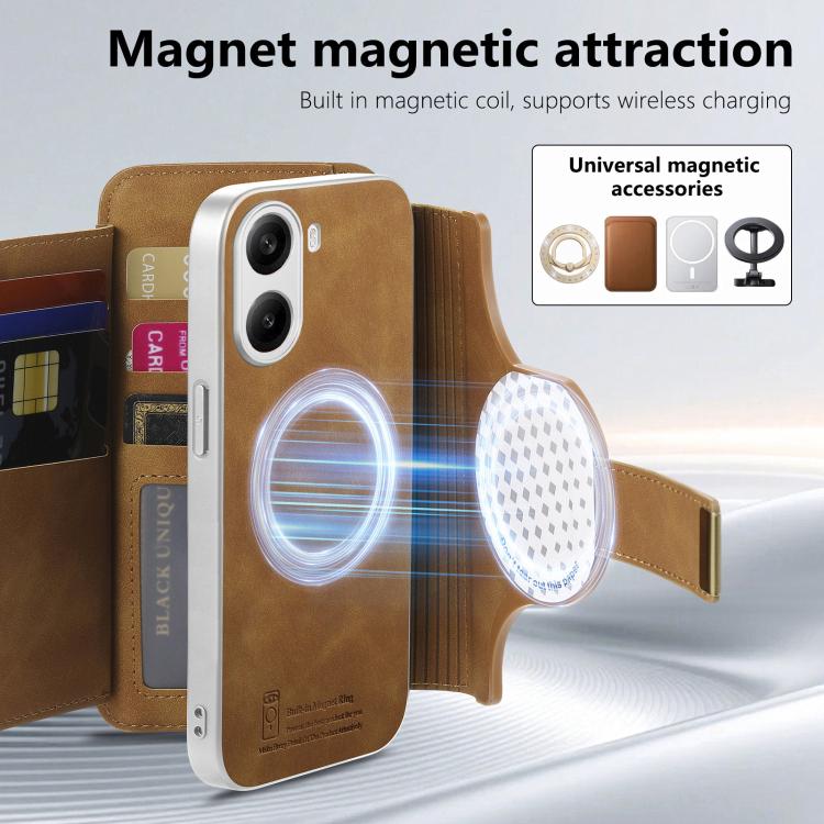 For Redmi Turbo 4 Precision Hole Silver-Edged Ring RFID Blocking Zipper Wallet Magnetic Vegan Leather Phone Case