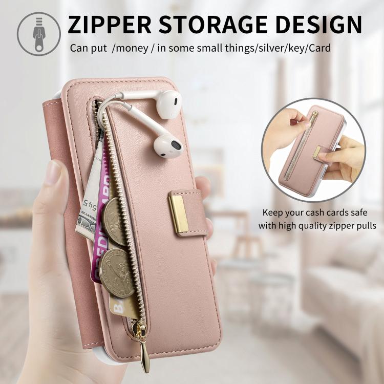 For Redmi Note 14 5G Precision Hole Silver-Edged Ring RFID Blocking Zipper Wallet Magnetic Vegan Leather Phone Case