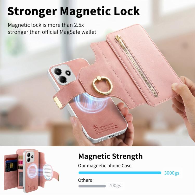 For Redmi Note 14 5G Precision Hole Silver-Edged Ring RFID Blocking Zipper Wallet Magnetic Vegan Leather Phone Case