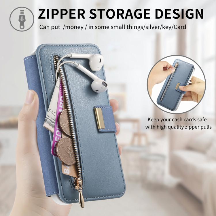 For Redmi Note 14 5G Precision Hole Silver-Edged Ring RFID Blocking Zipper Wallet Magnetic Vegan Leather Phone Case