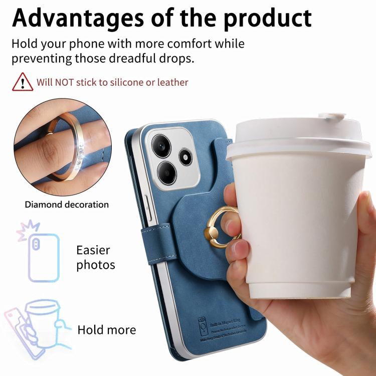 For Redmi Note 14 5G Precision Hole Silver-Edged Ring RFID Blocking Zipper Wallet Magnetic Vegan Leather Phone Case