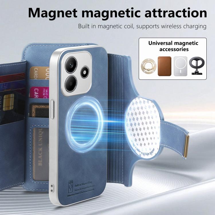 For Redmi Note 14 5G Precision Hole Silver-Edged Ring RFID Blocking Zipper Wallet Magnetic Vegan Leather Phone Case