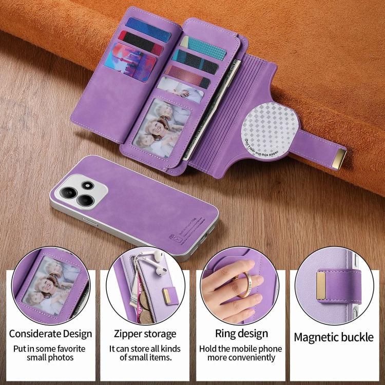 For Redmi Note 14 5G Precision Hole Silver-Edged Ring RFID Blocking Zipper Wallet Magnetic Vegan Leather Phone Case