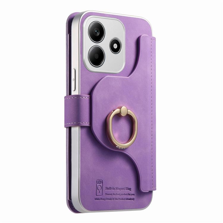 For Redmi Note 14 5G Precision Hole Silver-Edged Ring RFID Blocking Zipper Wallet Magnetic Vegan Leather Phone Case