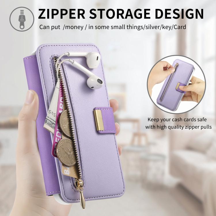 For Redmi Note 14 5G Precision Hole Silver-Edged Ring RFID Blocking Zipper Wallet Magnetic Vegan Leather Phone Case