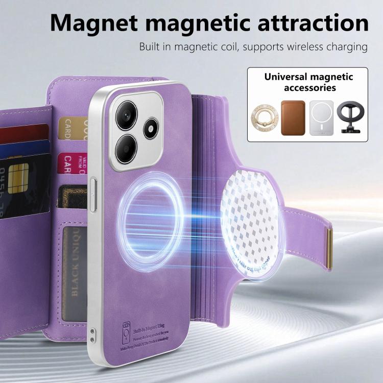 For Redmi Note 14 5G Precision Hole Silver-Edged Ring RFID Blocking Zipper Wallet Magnetic Vegan Leather Phone Case