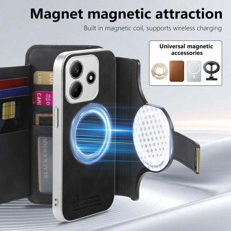 For Redmi Note 14 5G Precision Hole Silver-Edged Ring RFID Blocking Zipper Wallet Magnetic Vegan Leather Phone Case
