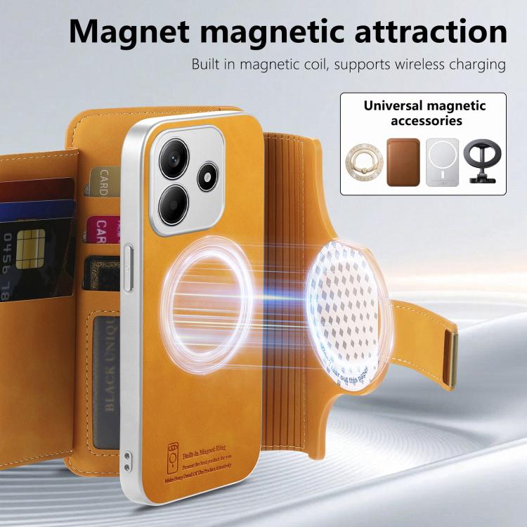 For Redmi Note 14 5G Precision Hole Silver-Edged Ring RFID Blocking Zipper Wallet Magnetic Vegan Leather Phone Case