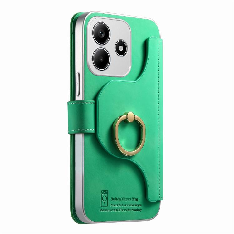 For Redmi Note 14 5G Precision Hole Silver-Edged Ring RFID Blocking Zipper Wallet Magnetic Vegan Leather Phone Case