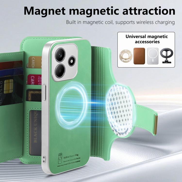For Redmi Note 14 5G Precision Hole Silver-Edged Ring RFID Blocking Zipper Wallet Magnetic Vegan Leather Phone Case