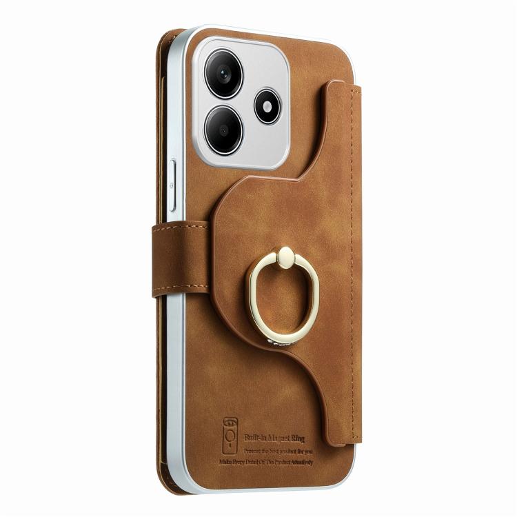 For Redmi Note 14 5G Precision Hole Silver-Edged Ring RFID Blocking Zipper Wallet Magnetic Vegan Leather Phone Case