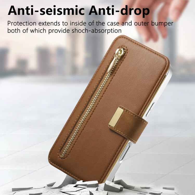 For Redmi Note 14 5G Precision Hole Silver-Edged Ring RFID Blocking Zipper Wallet Magnetic Vegan Leather Phone Case