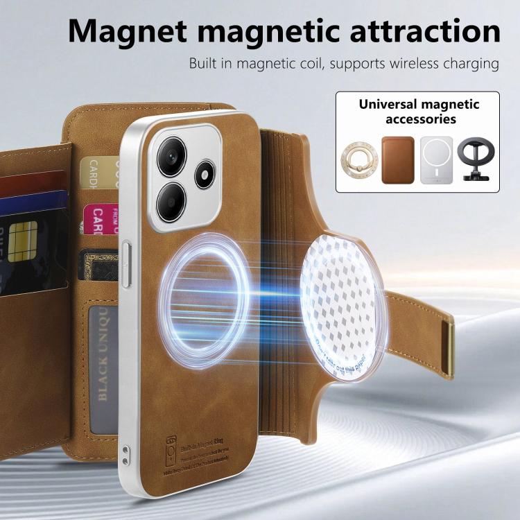 For Redmi Note 14 5G Precision Hole Silver-Edged Ring RFID Blocking Zipper Wallet Magnetic Vegan Leather Phone Case