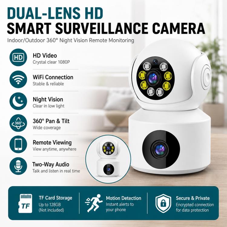 360-Degree Rotating 1080P HD Night Vision Remote Dual-Lens Smart Surveillance Camera - White