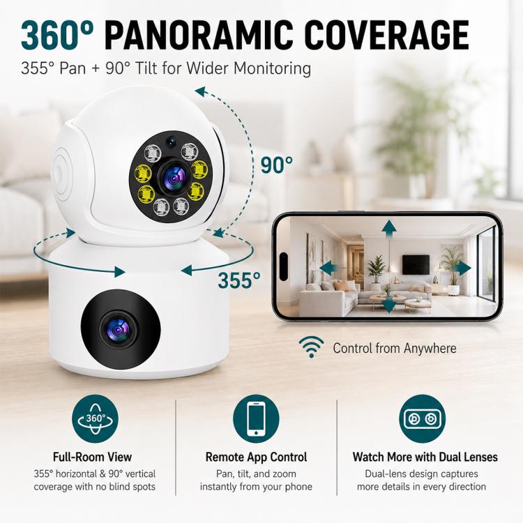 360-Degree Rotating 1080P HD Night Vision Remote Dual-Lens Smart Surveillance Camera - White