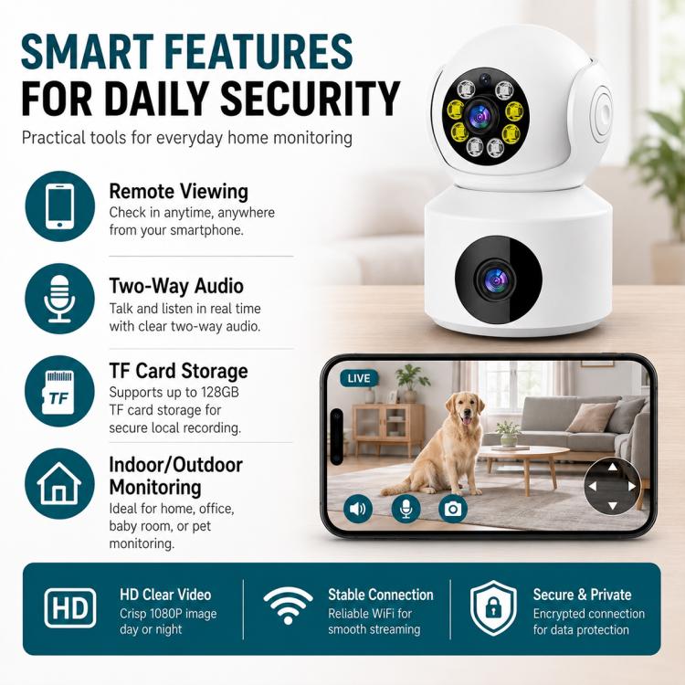 360-Degree Rotating 1080P HD Night Vision Remote Dual-Lens Smart Surveillance Camera - White