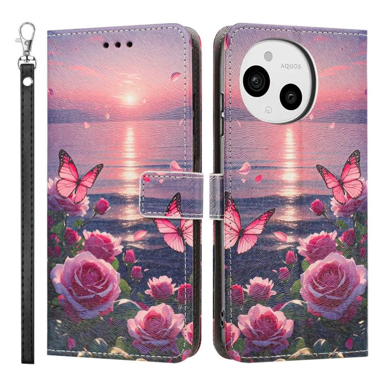 For Sharp Aquos sense9 Painted Pattern Vegan Leather Phone Case with Strap