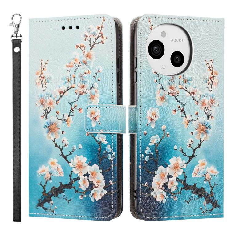 For Sharp Aquos sense9 Painted Pattern Vegan Leather Phone Case with Strap