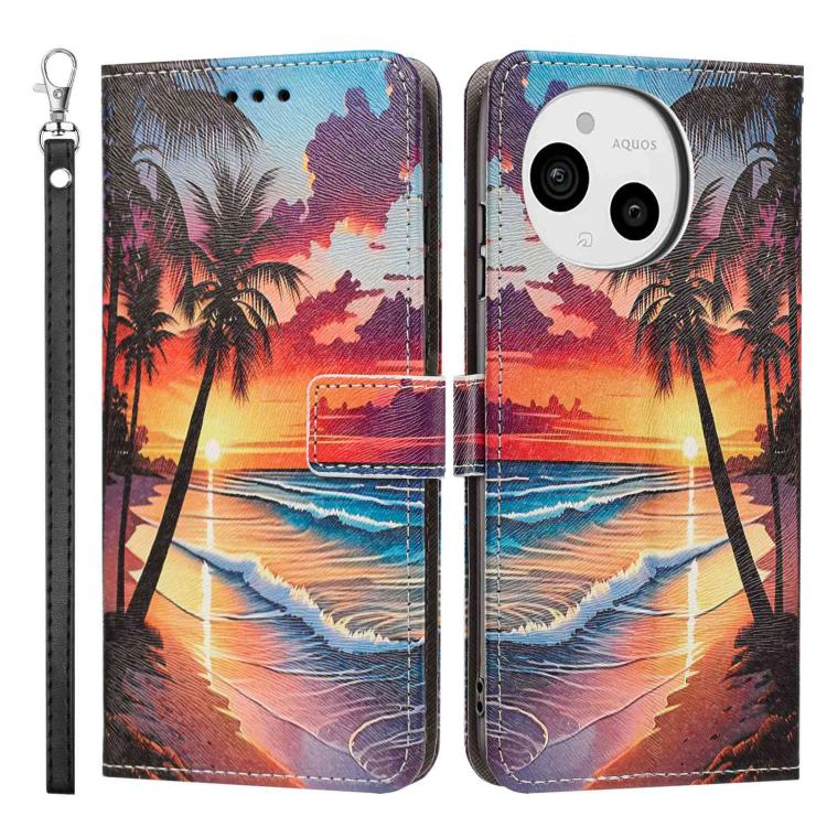 For Sharp Aquos sense9 Painted Pattern Vegan Leather Phone Case with Strap
