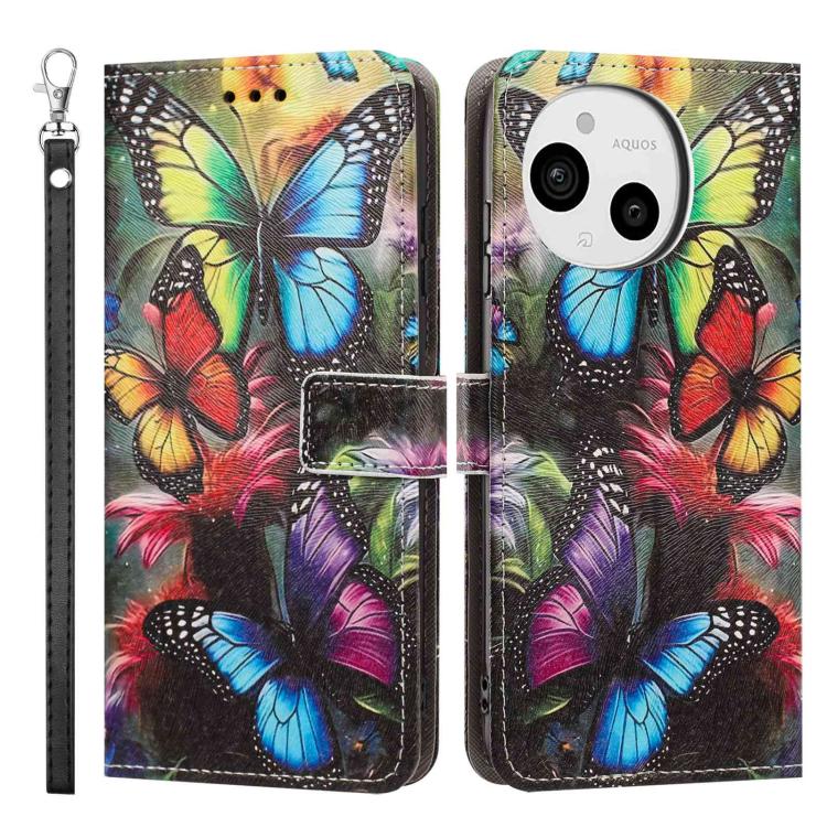 For Sharp Aquos sense9 Painted Pattern Vegan Leather Phone Case with Strap