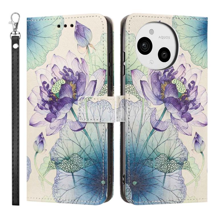 For Sharp Aquos sense9 Painted Pattern Vegan Leather Phone Case with Strap