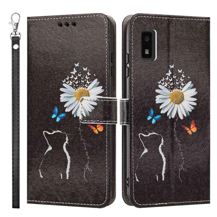For Sharp Aquos wish3 Painted Pattern Vegan Leather Phone Case with Strap
