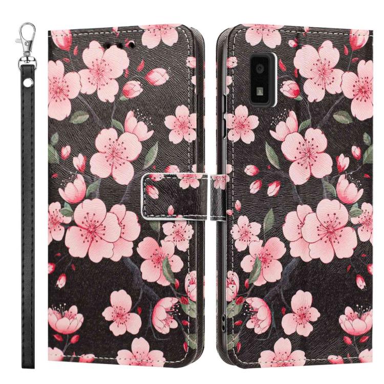 For Sharp Aquos wish3 Painted Pattern Vegan Leather Phone Case with Strap