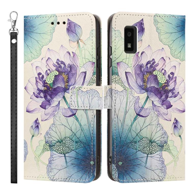 For Sharp Aquos wish3 Painted Pattern Vegan Leather Phone Case with Strap