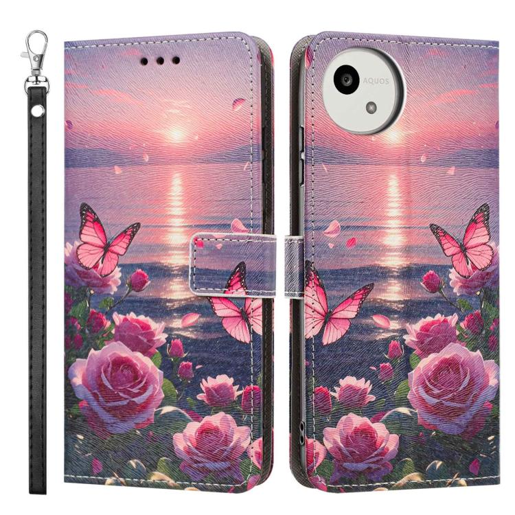 For Sharp Aquos wish5 Painted Pattern Vegan Leather Phone Case with Strap