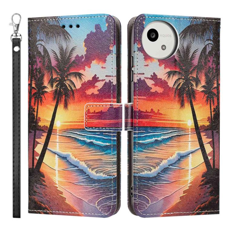 For Sharp Aquos wish5 Painted Pattern Vegan Leather Phone Case with Strap