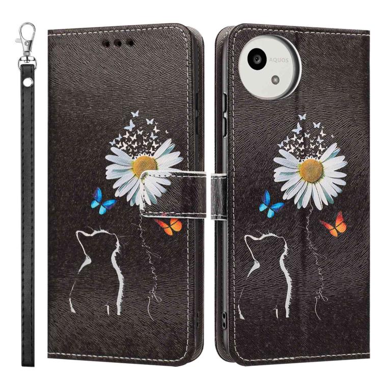 For Sharp Aquos wish5 Painted Pattern Vegan Leather Phone Case with Strap