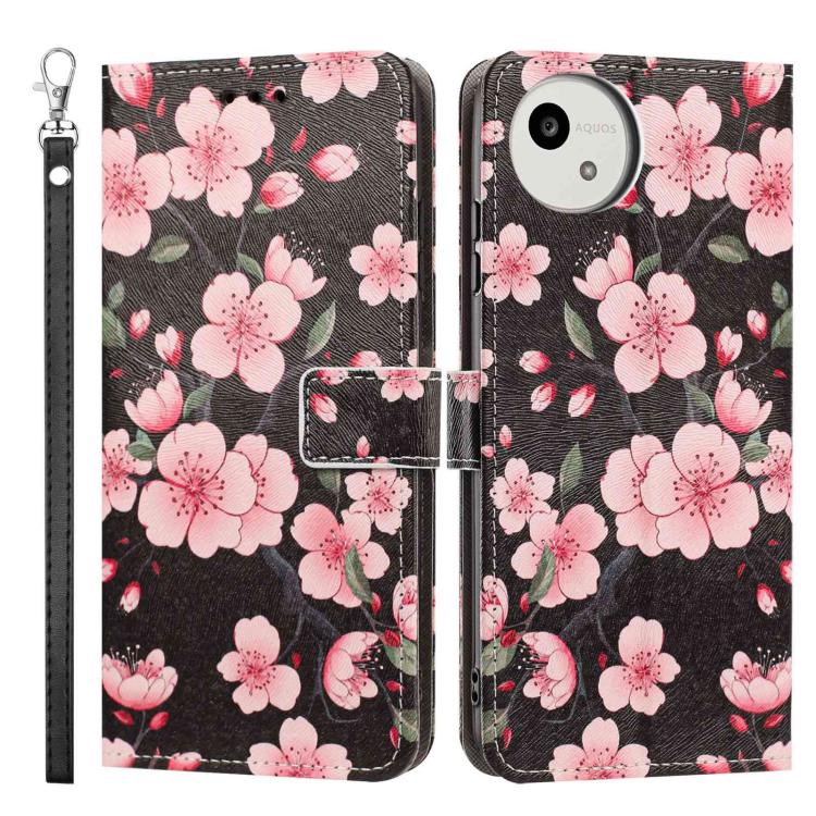 For Sharp Aquos wish5 Painted Pattern Vegan Leather Phone Case with Strap