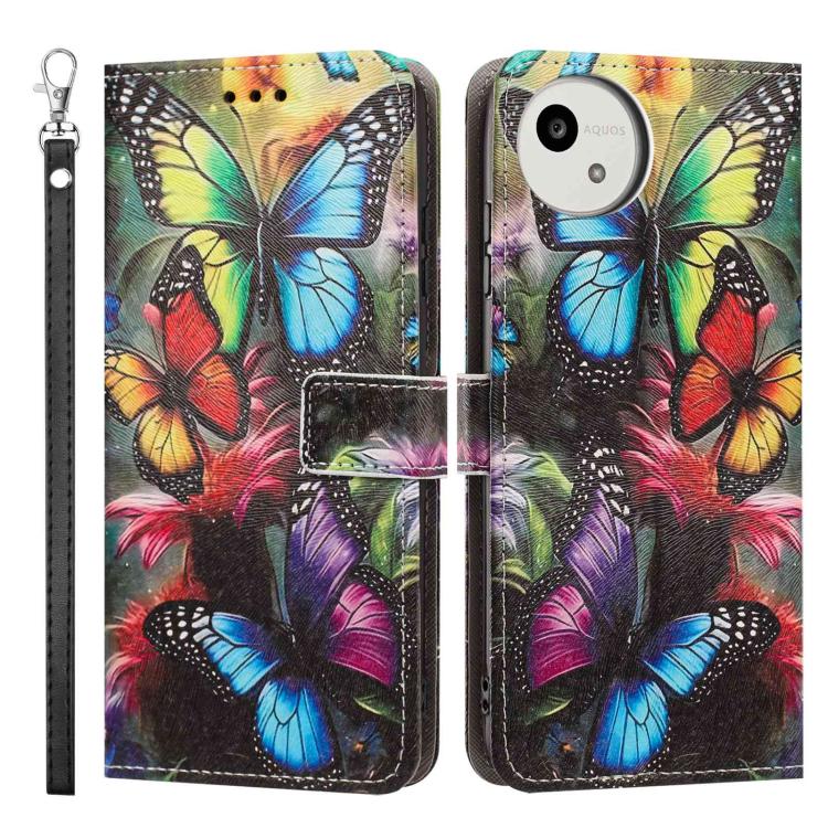 For Sharp Aquos wish5 Painted Pattern Vegan Leather Phone Case with Strap