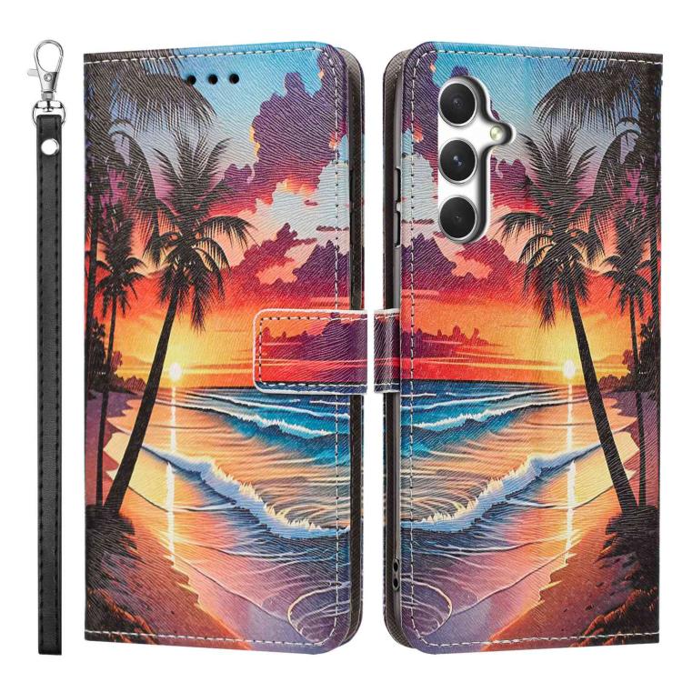 For Galaxy A35 5G Painted Pattern Vegan Leather Phone Case with Strap