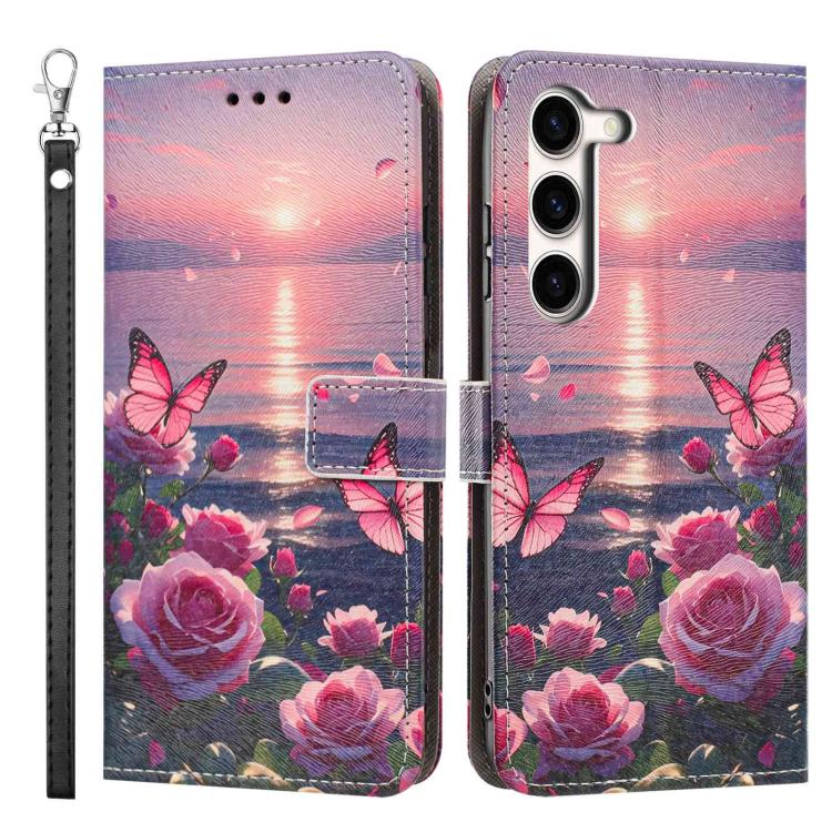 For Galaxy S23 5G Painted Pattern Vegan Leather Phone Case with Strap