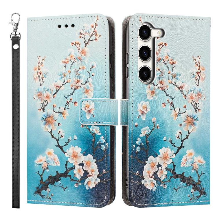 For Galaxy S23 5G Painted Pattern Vegan Leather Phone Case with Strap