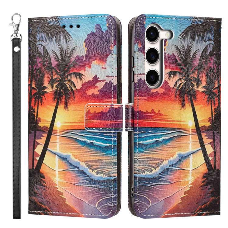 For Galaxy S23 5G Painted Pattern Vegan Leather Phone Case with Strap
