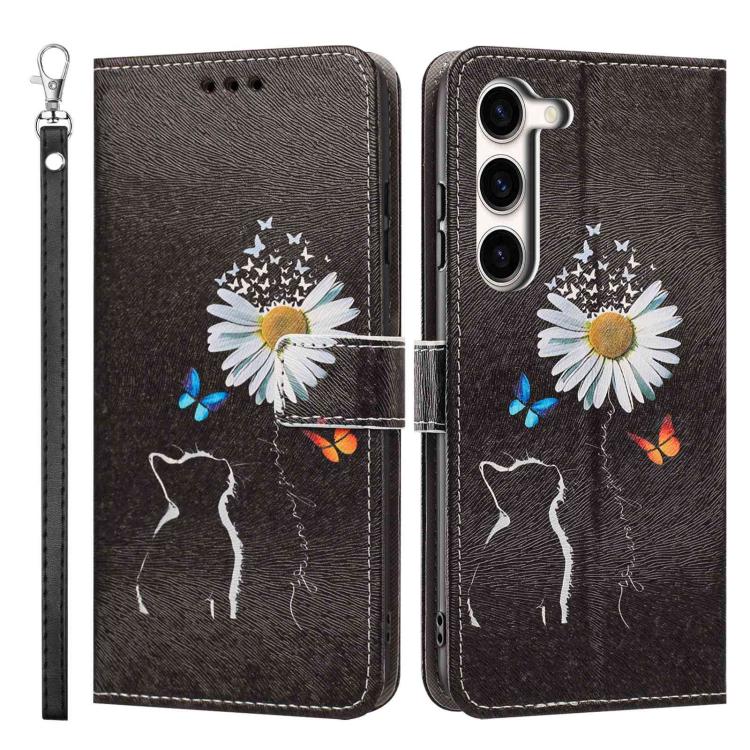 For Galaxy S23 5G Painted Pattern Vegan Leather Phone Case with Strap