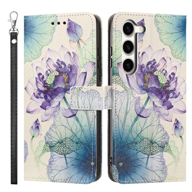 For Galaxy S23 5G Painted Pattern Vegan Leather Phone Case with Strap