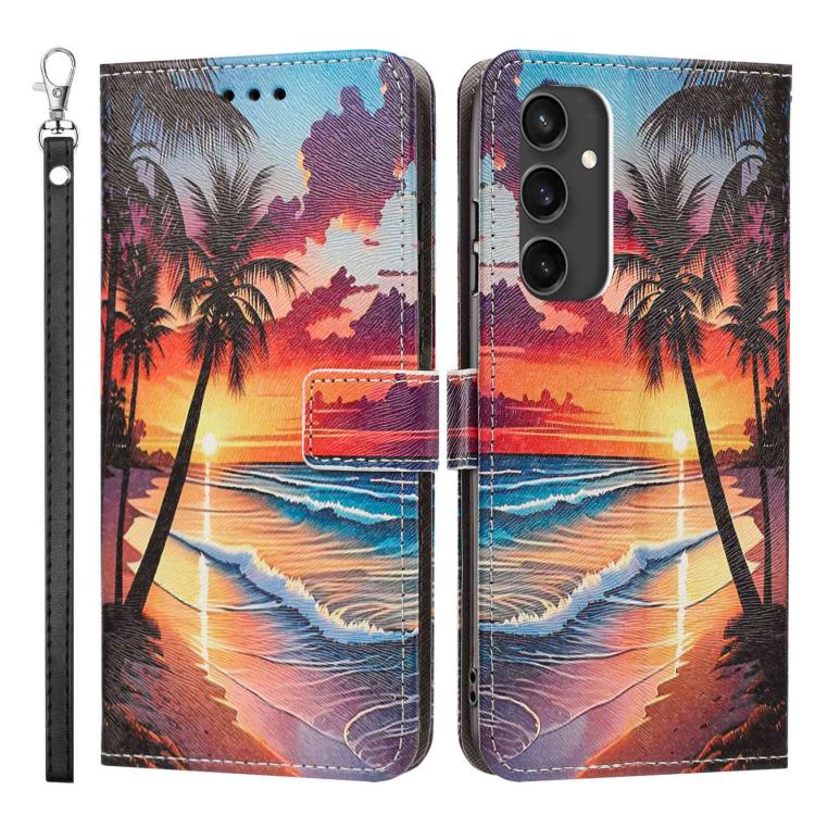 For Galaxy S24 FE 5G Painted Pattern Vegan Leather Phone Case with Strap