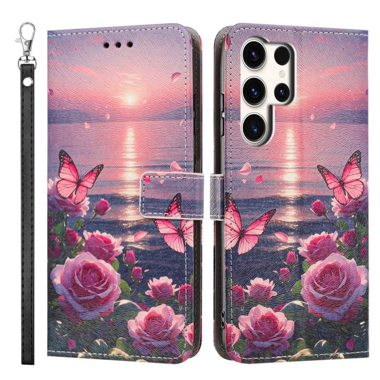 For Galaxy S24 Ultra 5G Painted Pattern Vegan Leather Phone Case with Strap