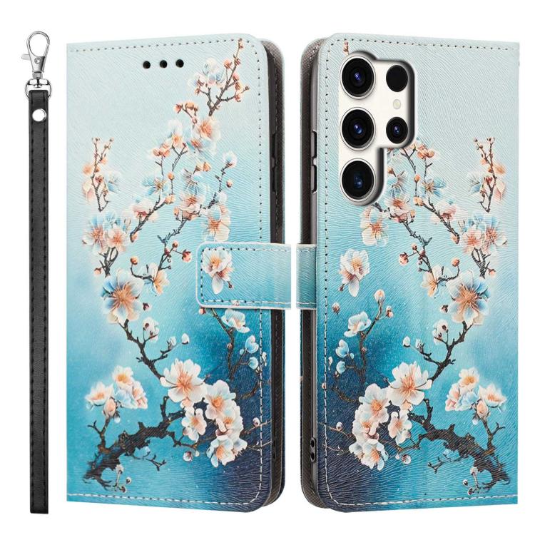 For Galaxy S24 Ultra 5G Painted Pattern Vegan Leather Phone Case with Strap